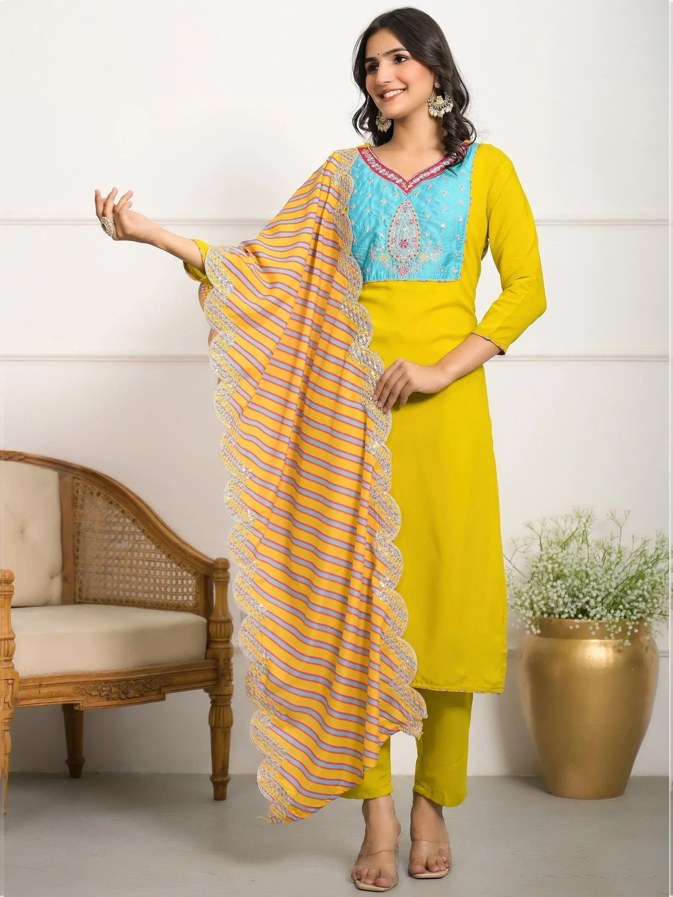 Yellow and blue embroidered salwar kameez with striped dupatta, Indian ethnic wear