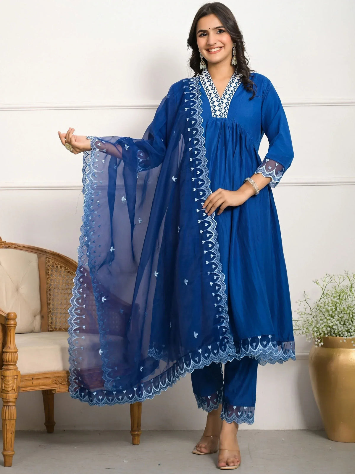 Blue embroidered kurta with matching pants and dupatta, Indian ethnic wear for women
