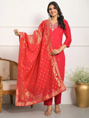 Gorgeous Pink Embroidered Viscose Event Wear Pant Suit With Dupatta