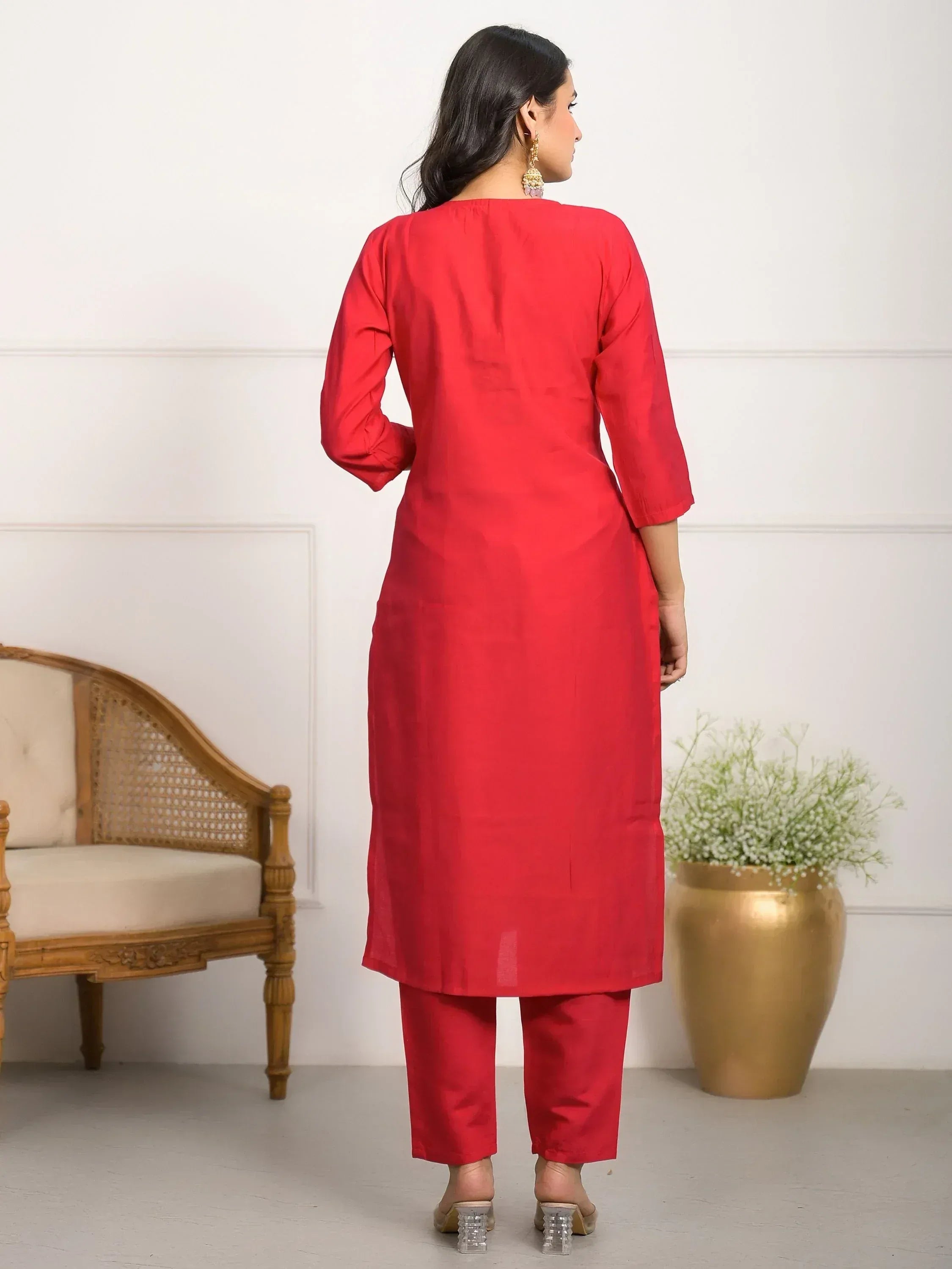 Red ethnic kurta set with matching pants, ideal for Indian wear occasions