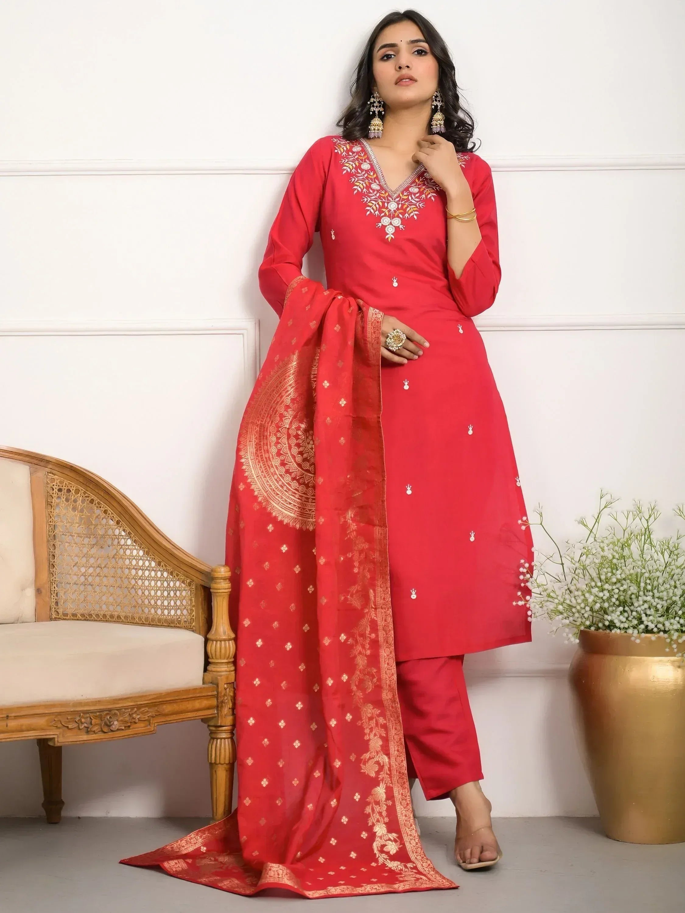 Red embroidered salwar kameez with gold dupatta, ethnic Indian wear for women