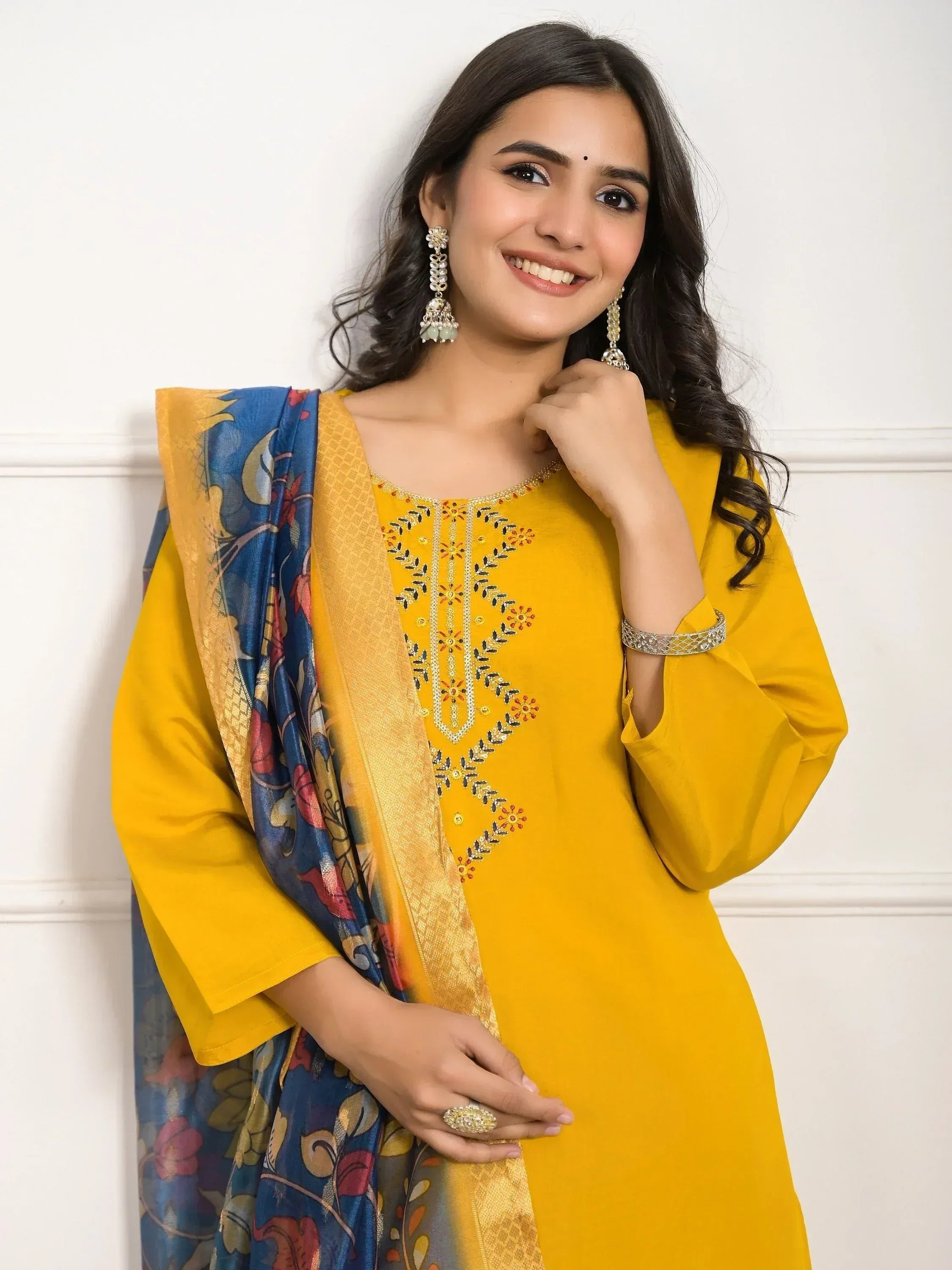 Yellow embroidered kurta with floral dupatta, perfect for Indian ethnic wear