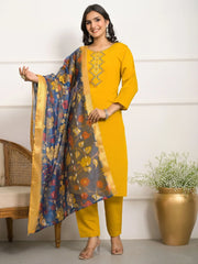 Fantastic Yellow Embroidered Viscose Haldi Wear Pant Suit With Dupatta