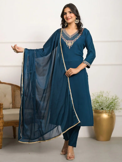 Wonderful Teal Blue Embroidered Viscose Pant Suit With Dupatta