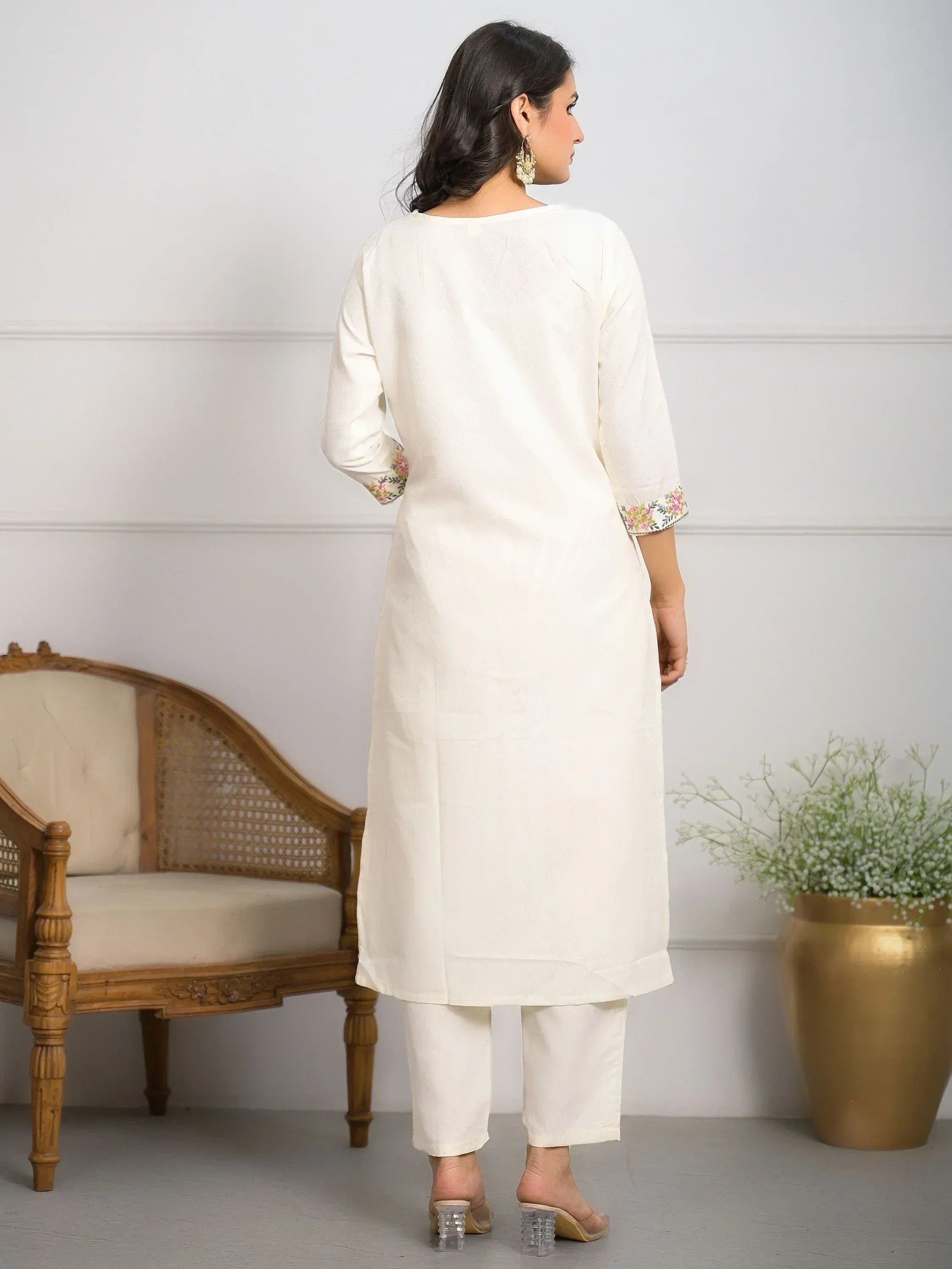 Cream embroidered kurta with matching pants, Indian ethnic wear for women