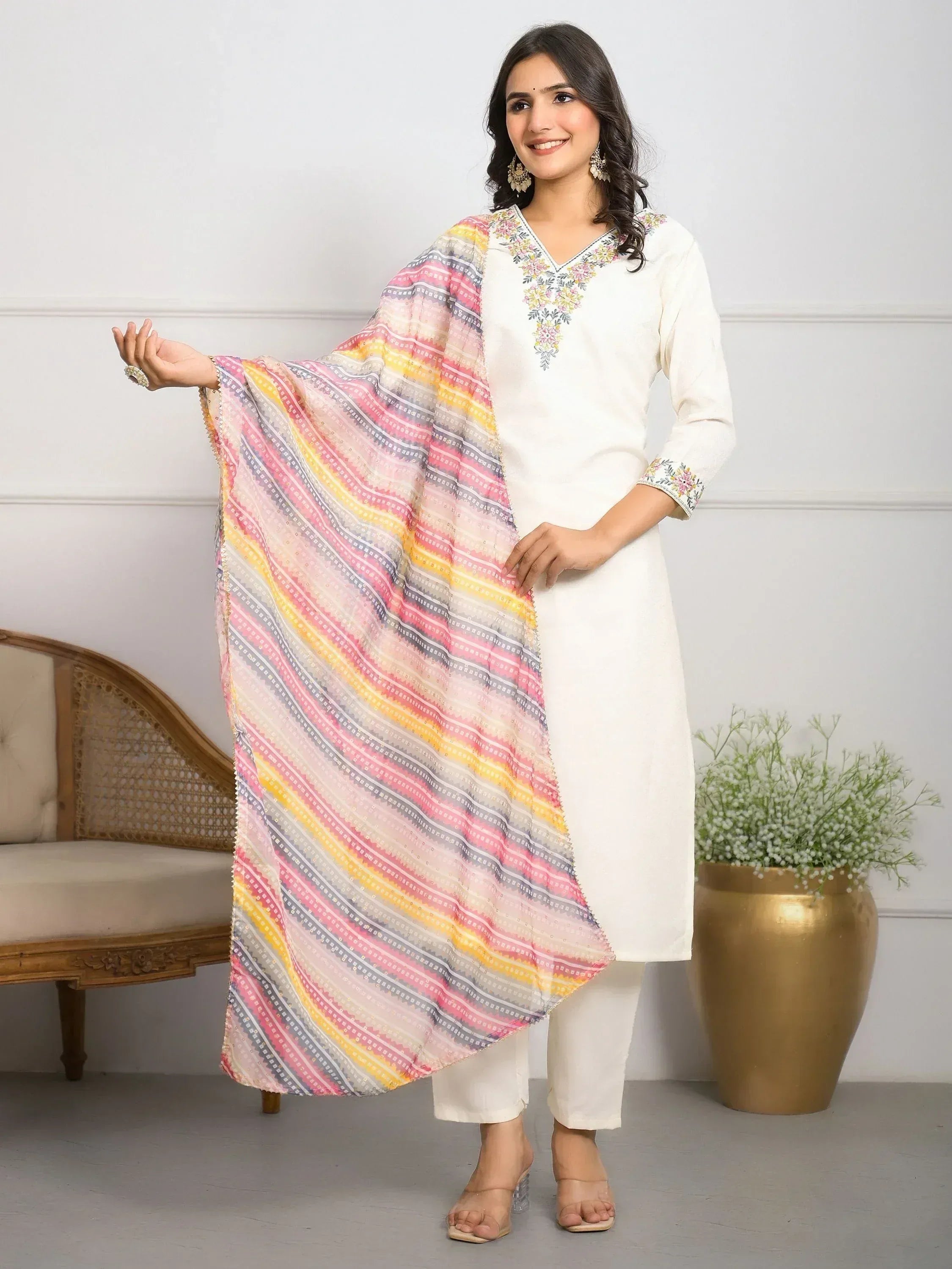 White embroidered kurta with colorful striped dupatta, Indian ethnic wear for women