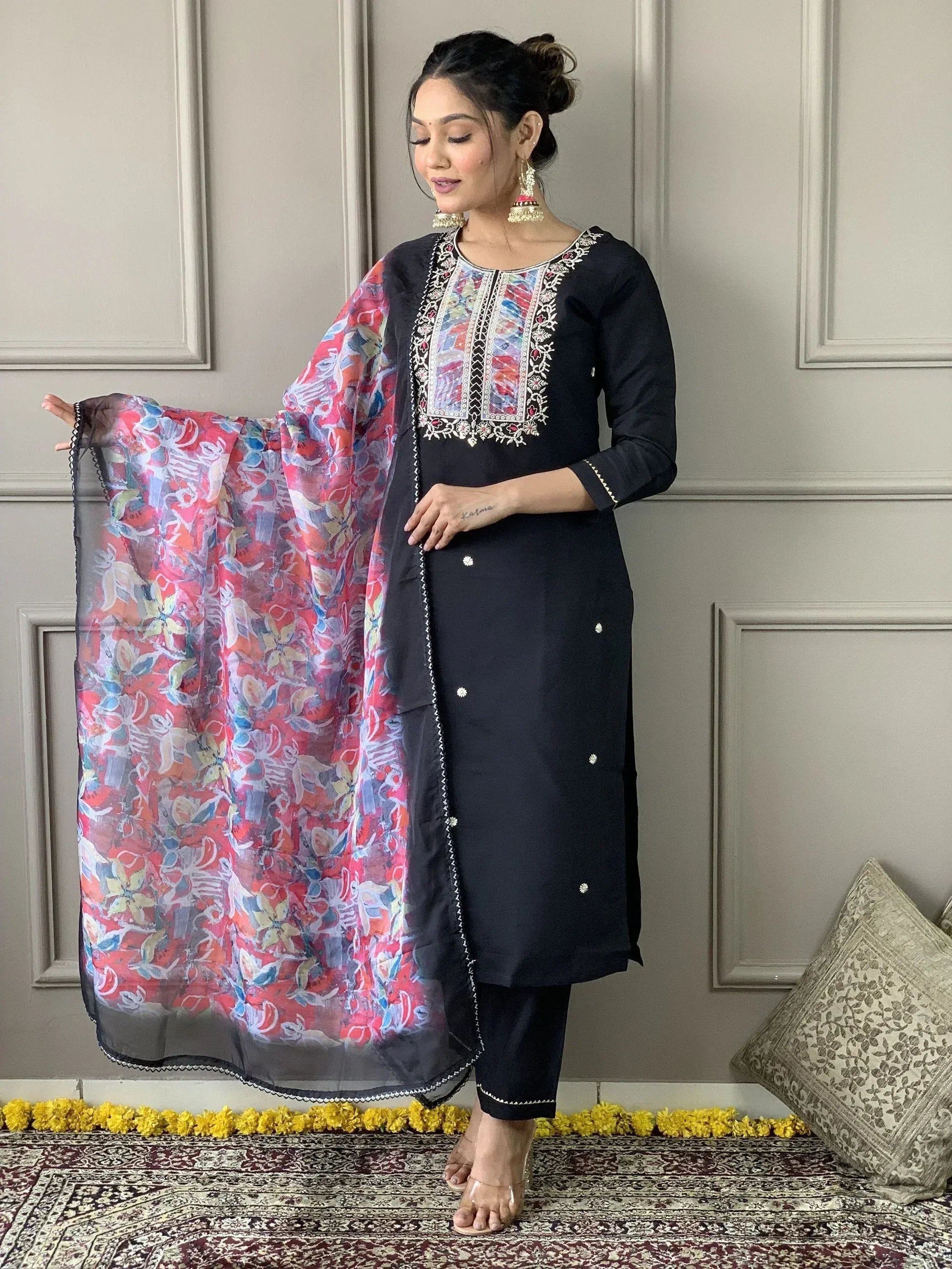 Black embroidered kurta with floral dupatta, Indian ethnic wear for women