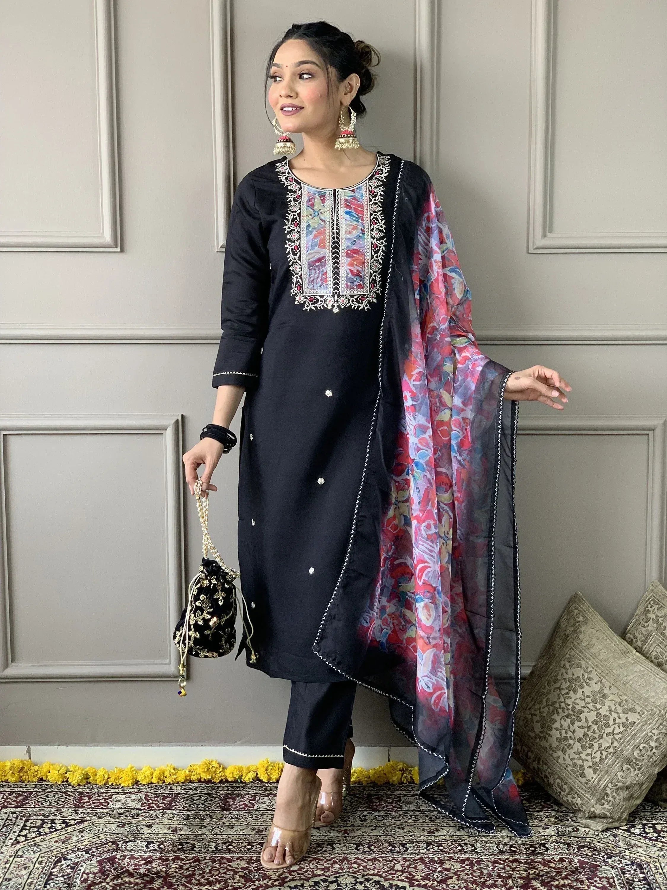 Black embroidered kurta with floral dupatta, ethnic wear for women, perfect for festive occasions