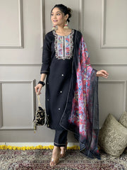 Gorgeous Black Embroidered Rayon Traditional Pant Suit With Dupatta