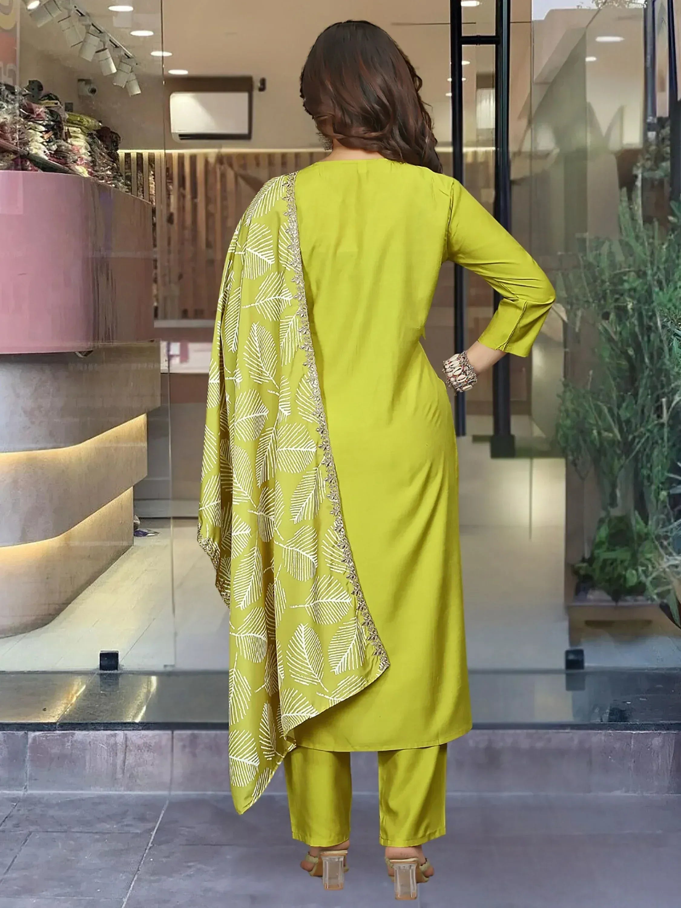 Lime green salwar kameez with leaf print dupatta, ethnic wear for women