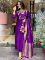 Astonishing Purple Embroidered Viscose Wedding Wear Pant Suit