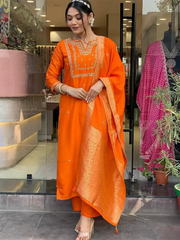 Amazing Orange Embroidered Viscose Traditional Pant Suit With Dupatta
