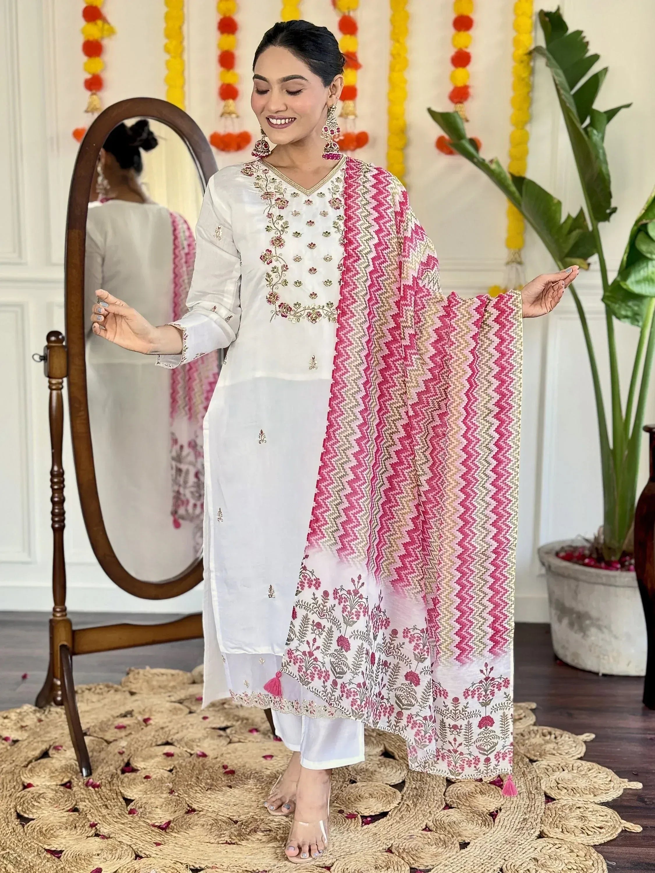 White embroidered kurta with pink zigzag dupatta, ethnic wear for women