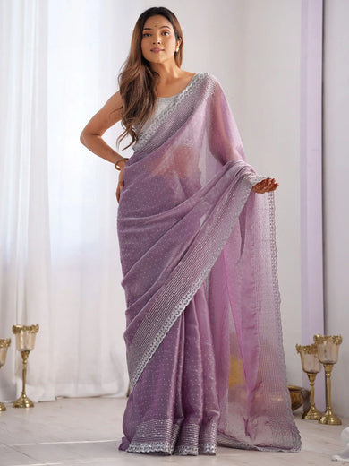 Alluring Lavender Swarovski Work Organza Event Wear Saree With Blouse