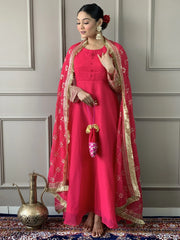 Woman in pink Indian ethnic gown and dupatta with gold embroidery, styled for Ethnic Plus