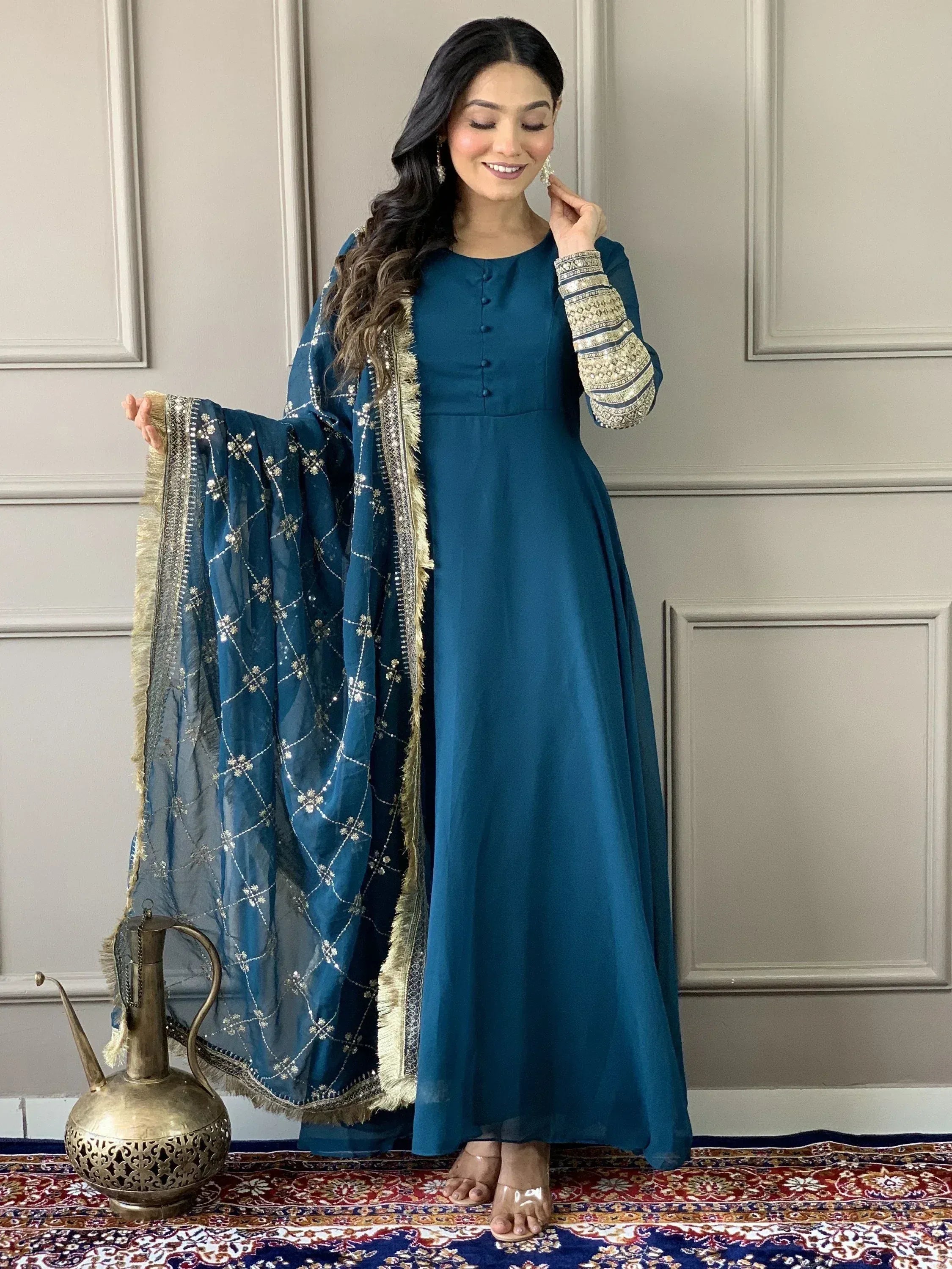 Teal blue ethnic anarkali with embroidered dupatta, perfect for Indian weddings or festive occasions