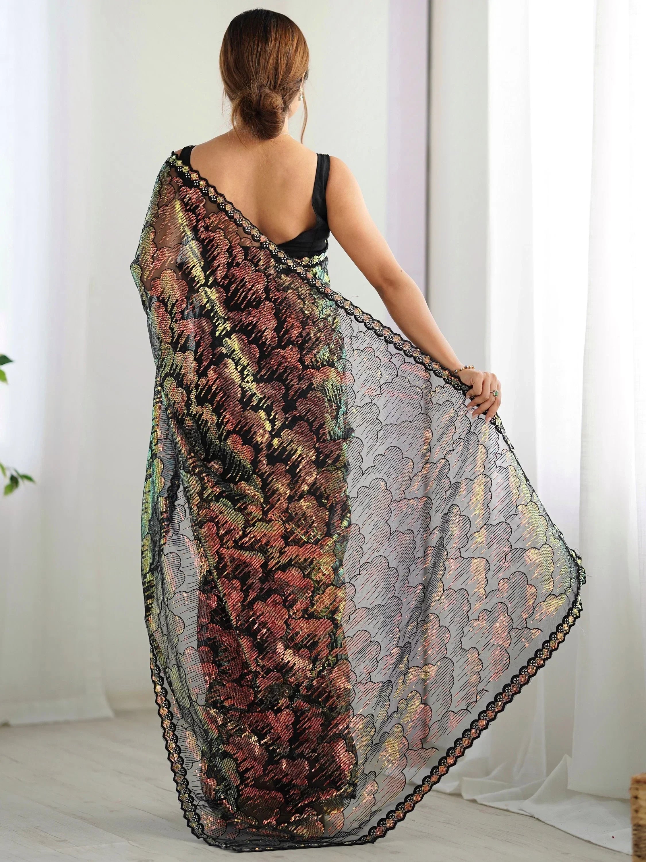 Stunning Black Sequins Net Reception Wear Saree With Blouse