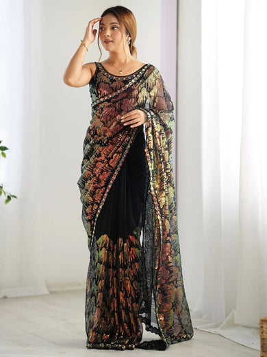 Stunning Black Sequins Net Reception Wear Saree With Blouse