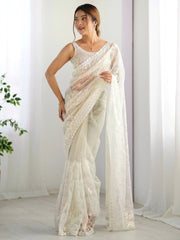 Attractive Off White Sequins Net Party Wear Saree With Blouse