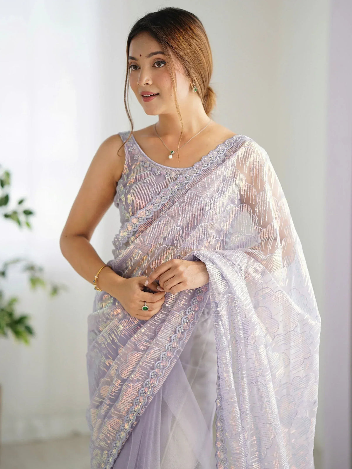 Lavender sequin saree with scalloped lace border, elegant ethnic wear for women