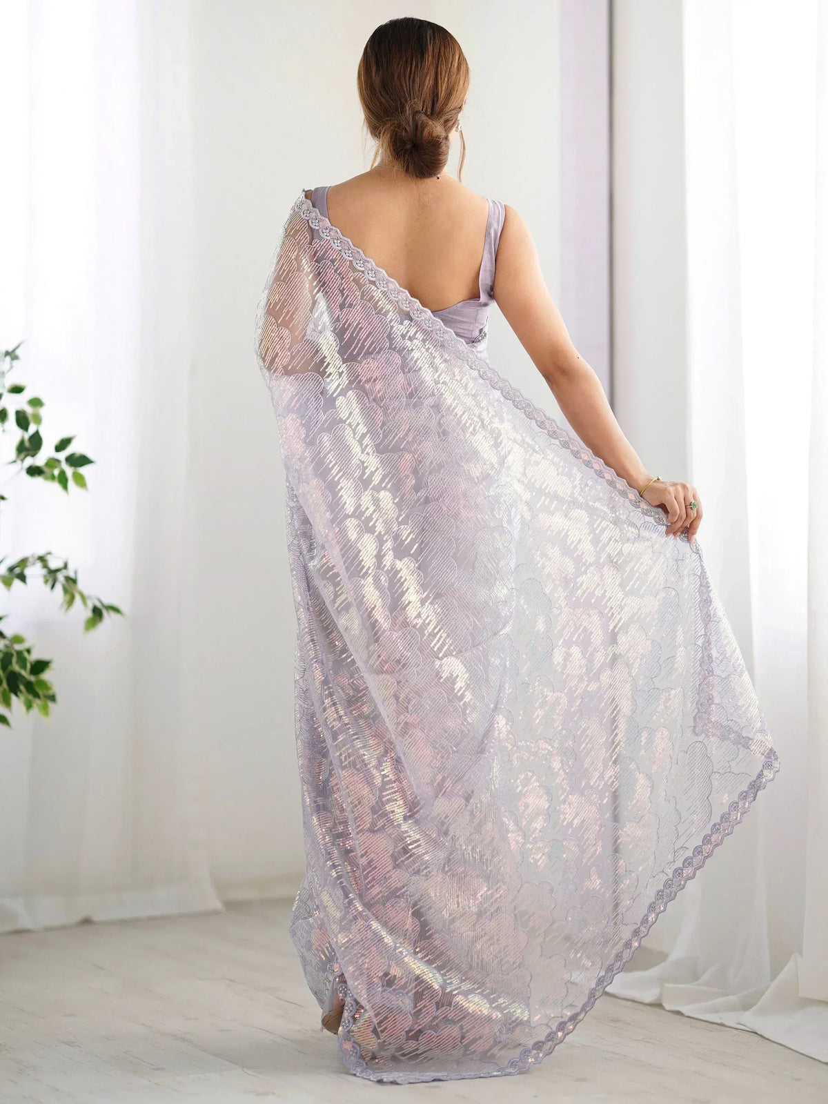 Lavender sequin saree with scalloped lace, back view, ethnic wear for women