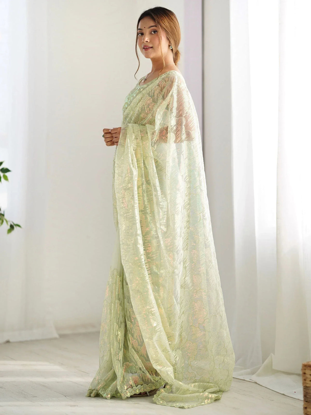 Light green sequin saree with sheer overlay, elegant ethnic wear for women