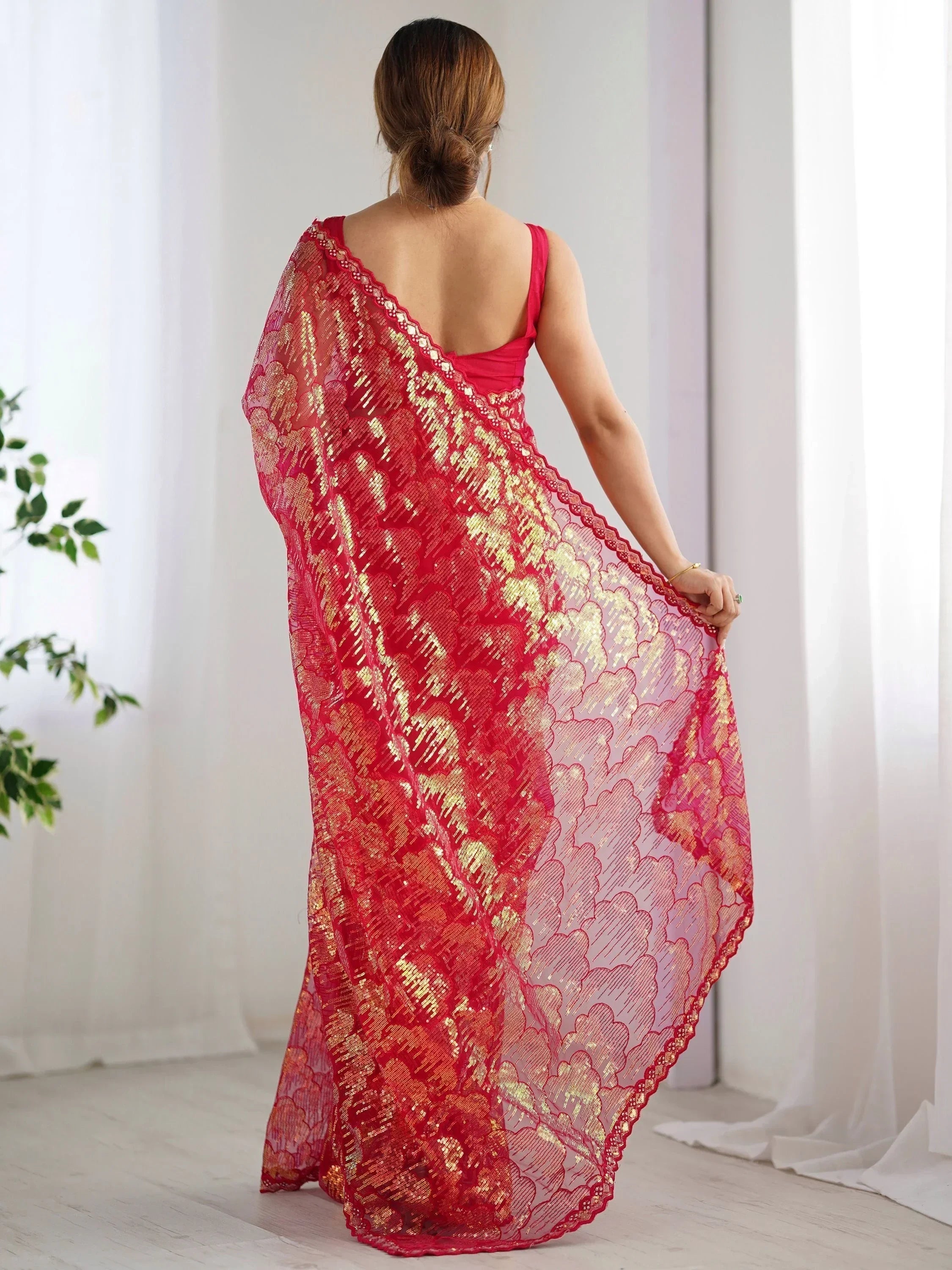 Charming Red Sequins Net Cocktail Party Wear Saree With Blouse