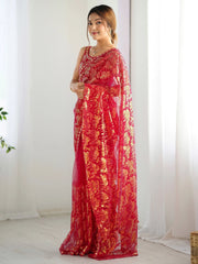 Charming Red Sequins Net Cocktail Party Wear Saree With Blouse