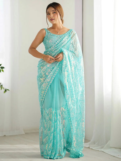 Fascinating Sky-Blue Sequins Net Reception Wear Saree With Blouse