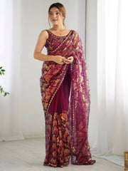 Bewitching Wine Sequins Net Party Wear Saree With Blouse