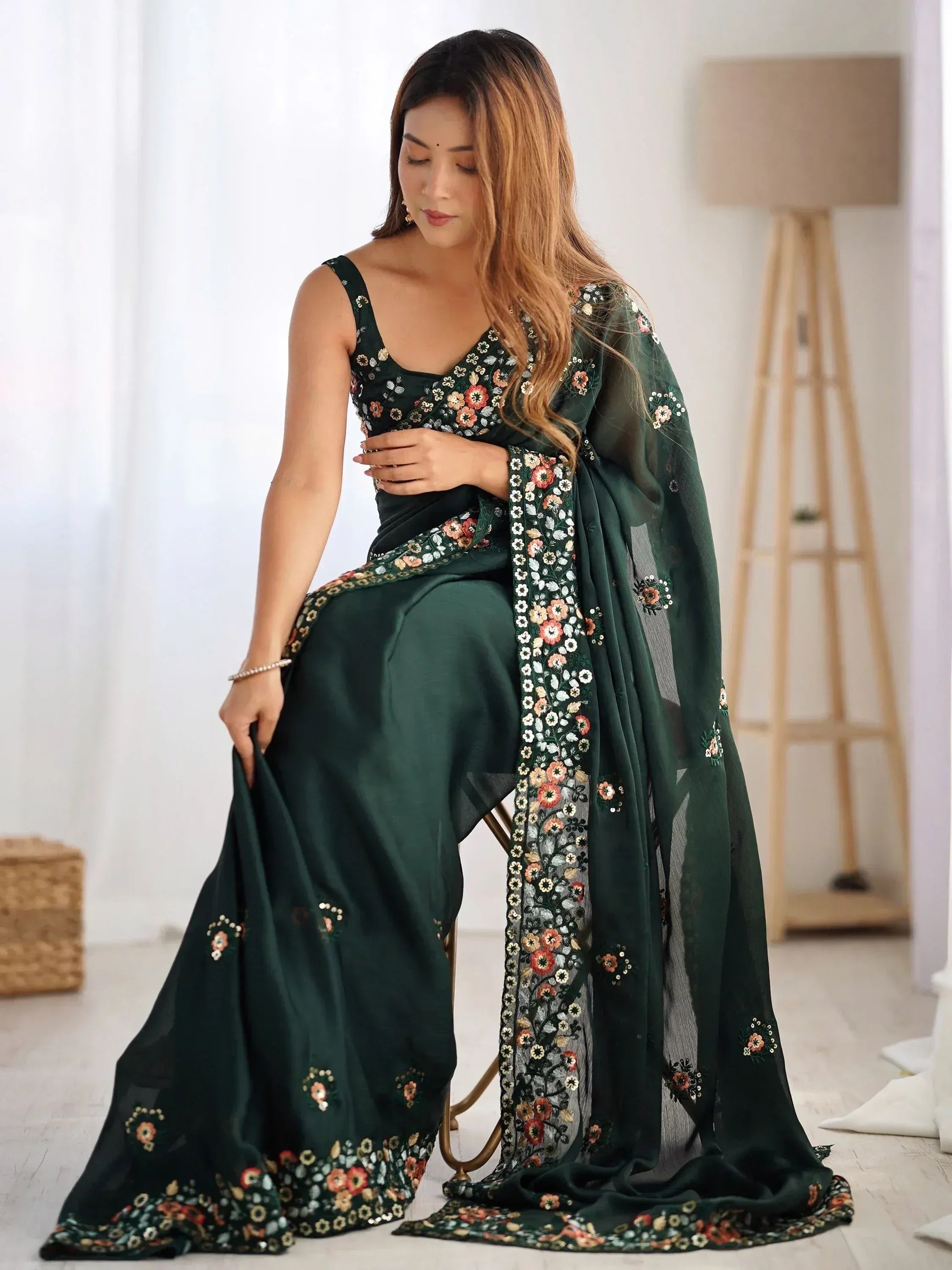 Emerald green floral embroidered saree with matching blouse, elegant Indian ethnic wear