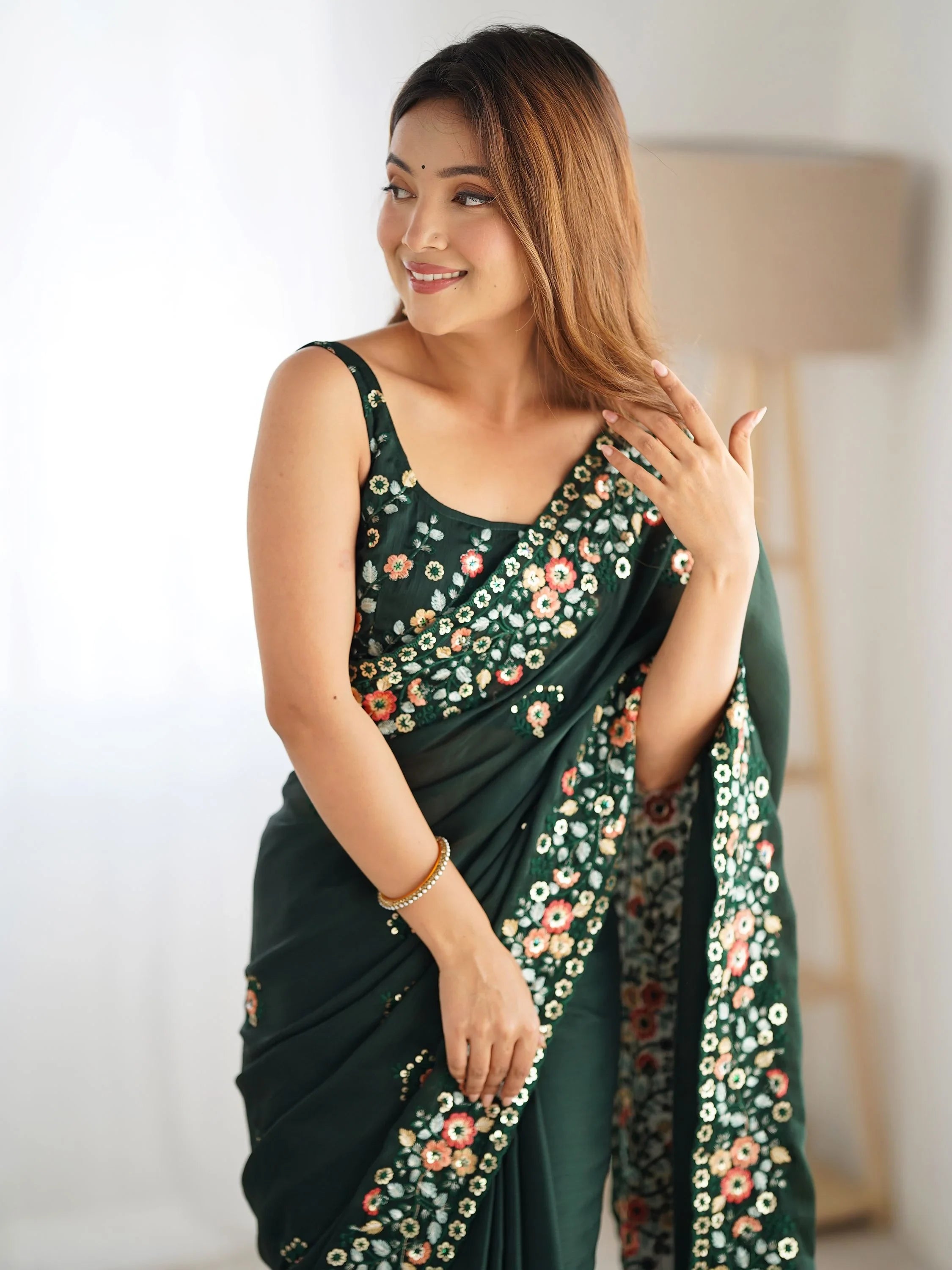 Astonishing Green Floral Embroidered Satin Mehendi Wear Saree