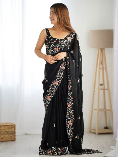 Excellent Black Floral Embroidered Satin Party Wear Saree With Blouse