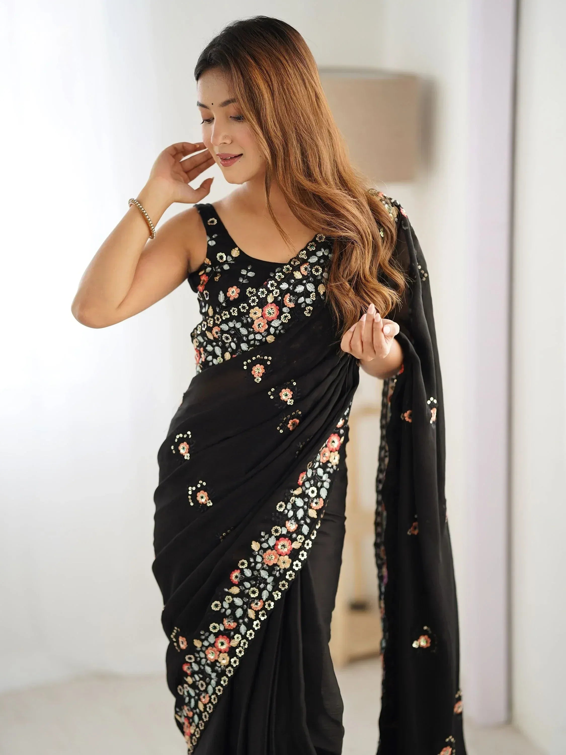 Black floral embroidered saree with matching blouse, Indian ethnic wear for women