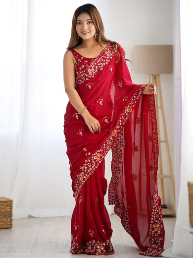 Fabulous Red Floral Embroidered Satin Cocktail Party Wear Saree