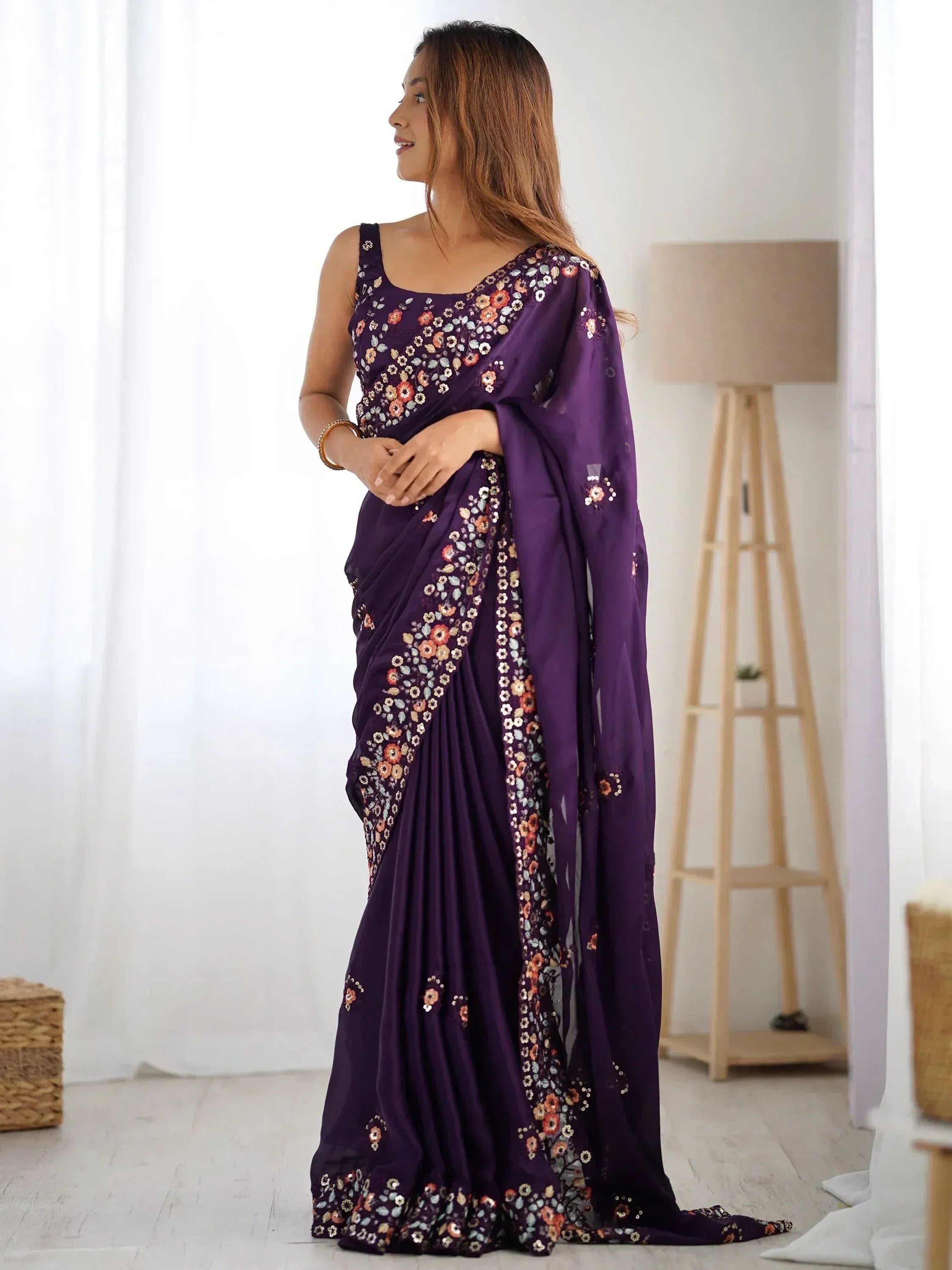 Purple floral embroidered saree with matching blouse, stylish Indian ethnic wear for women