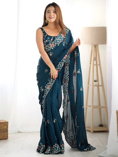 Awesome Teal Blue Floral Embroidered Satin Saree With Blouse