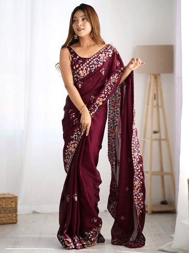 Marvelous Wine Floral Embroidered Satin Party Wear Saree With Blouse