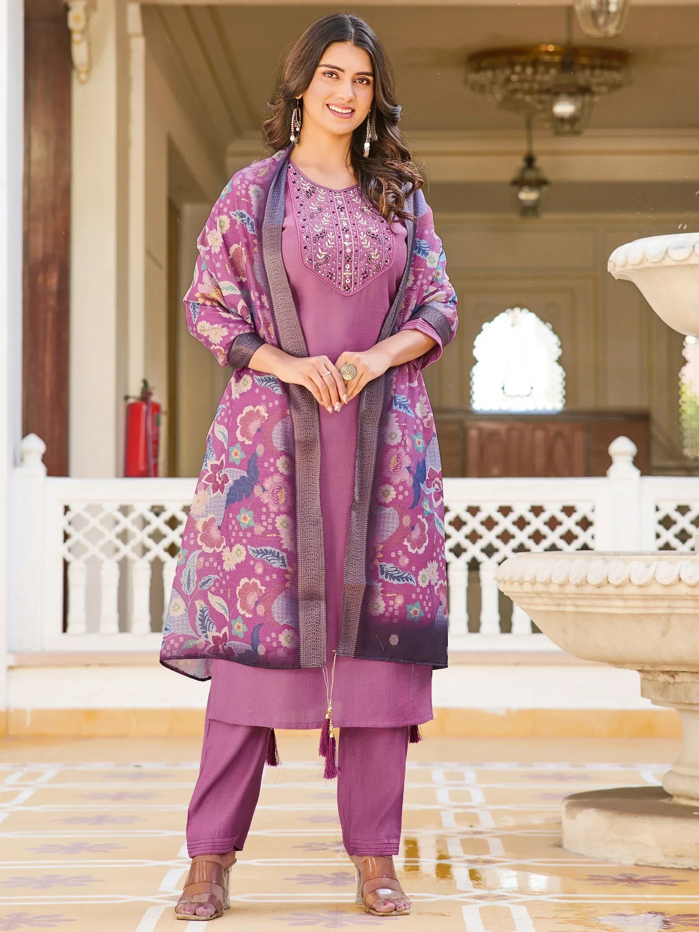 Purple embroidered salwar kameez with floral dupatta, ethnic Indian wear for women