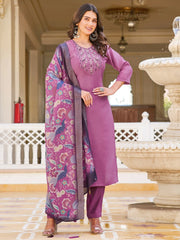 Fabulous Purple Embroidered Silk Traditional Pant Suit With Dupatta