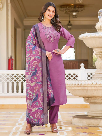 Fabulous Purple Embroidered Silk Traditional Pant Suit With Dupatta