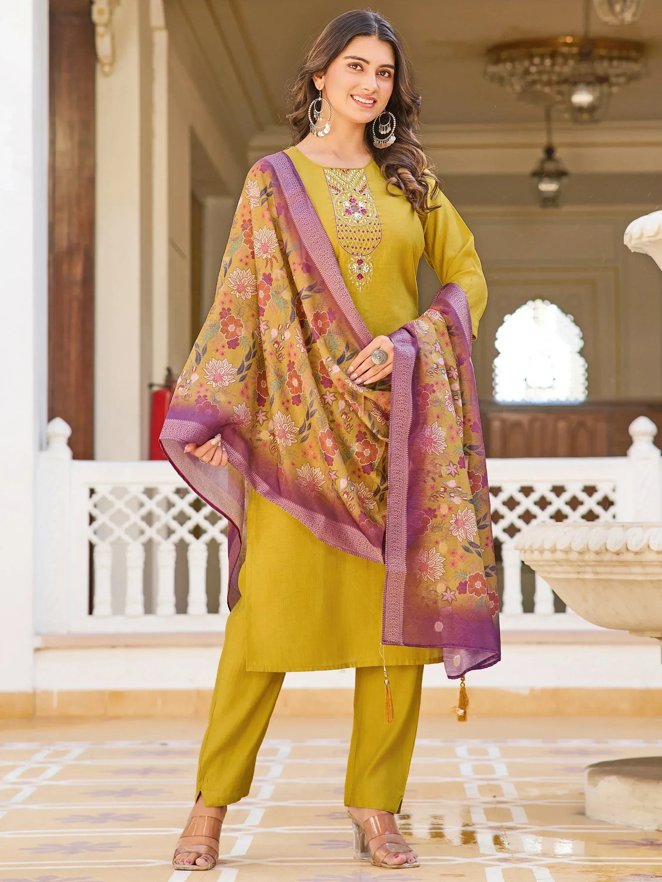 Mustard yellow salwar kameez with floral dupatta, ethnic Indian wear for women