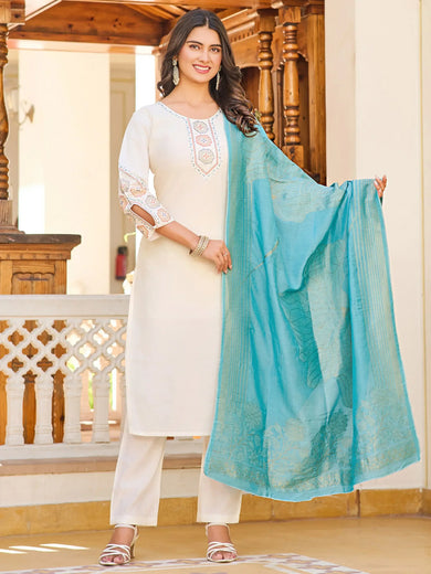 Stunning Cream Thread Embroidered Silk Pant Suit With Dupatta