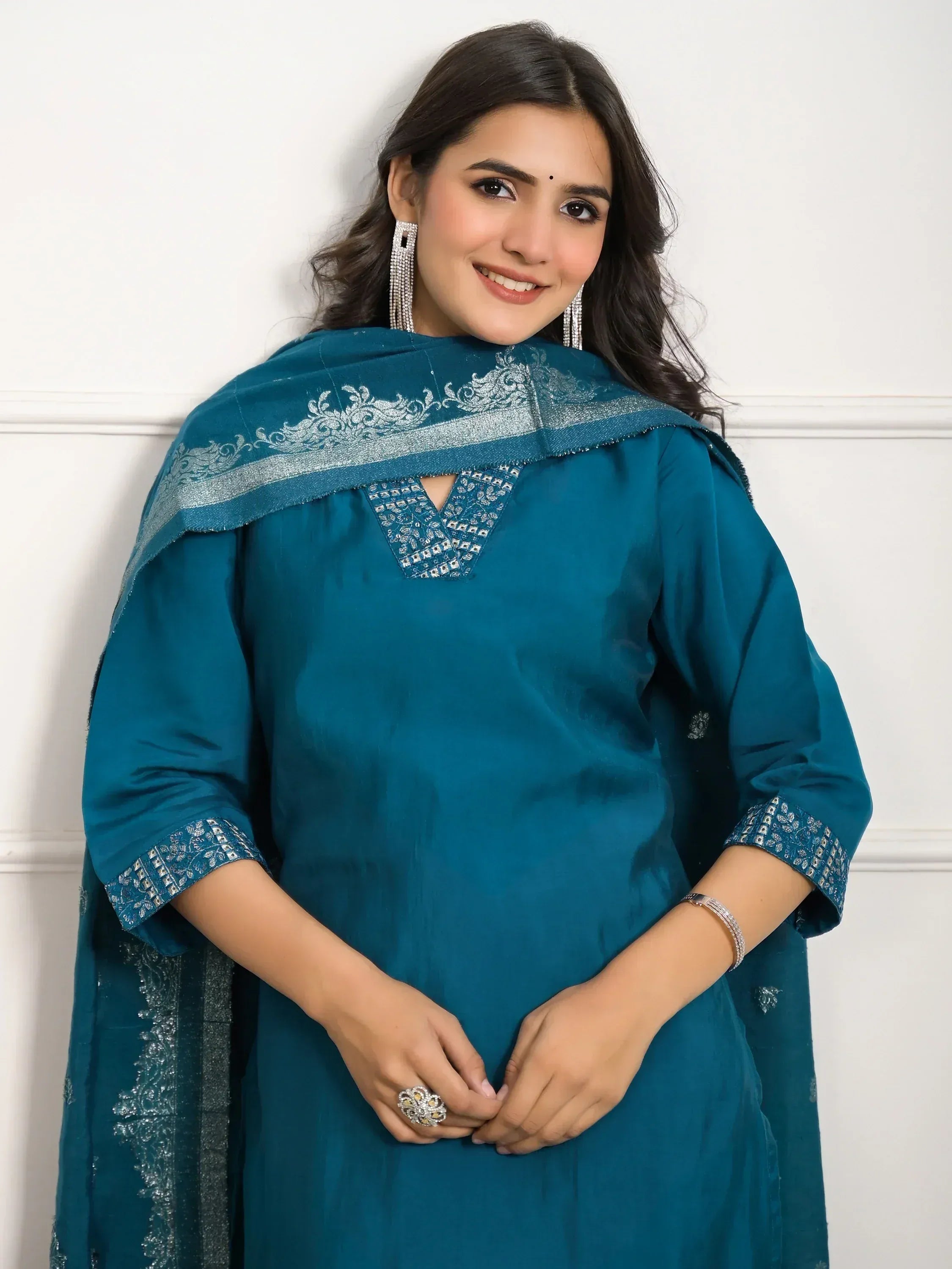 Teal designer salwar kameez with silver embroidery and matching dupatta for Indian ethnic wear