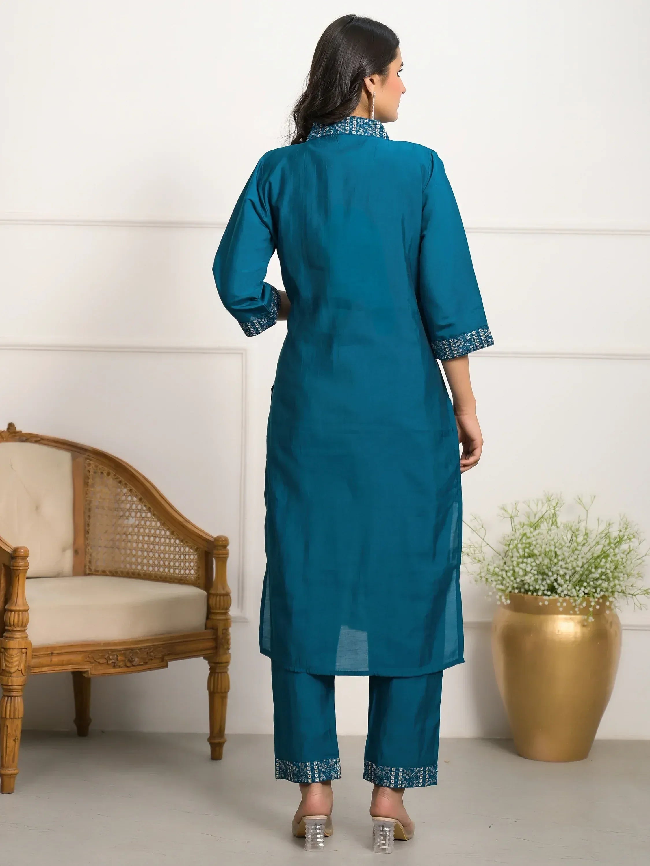 Teal Indian ethnic kurta set with printed trim, back view for women's fashion