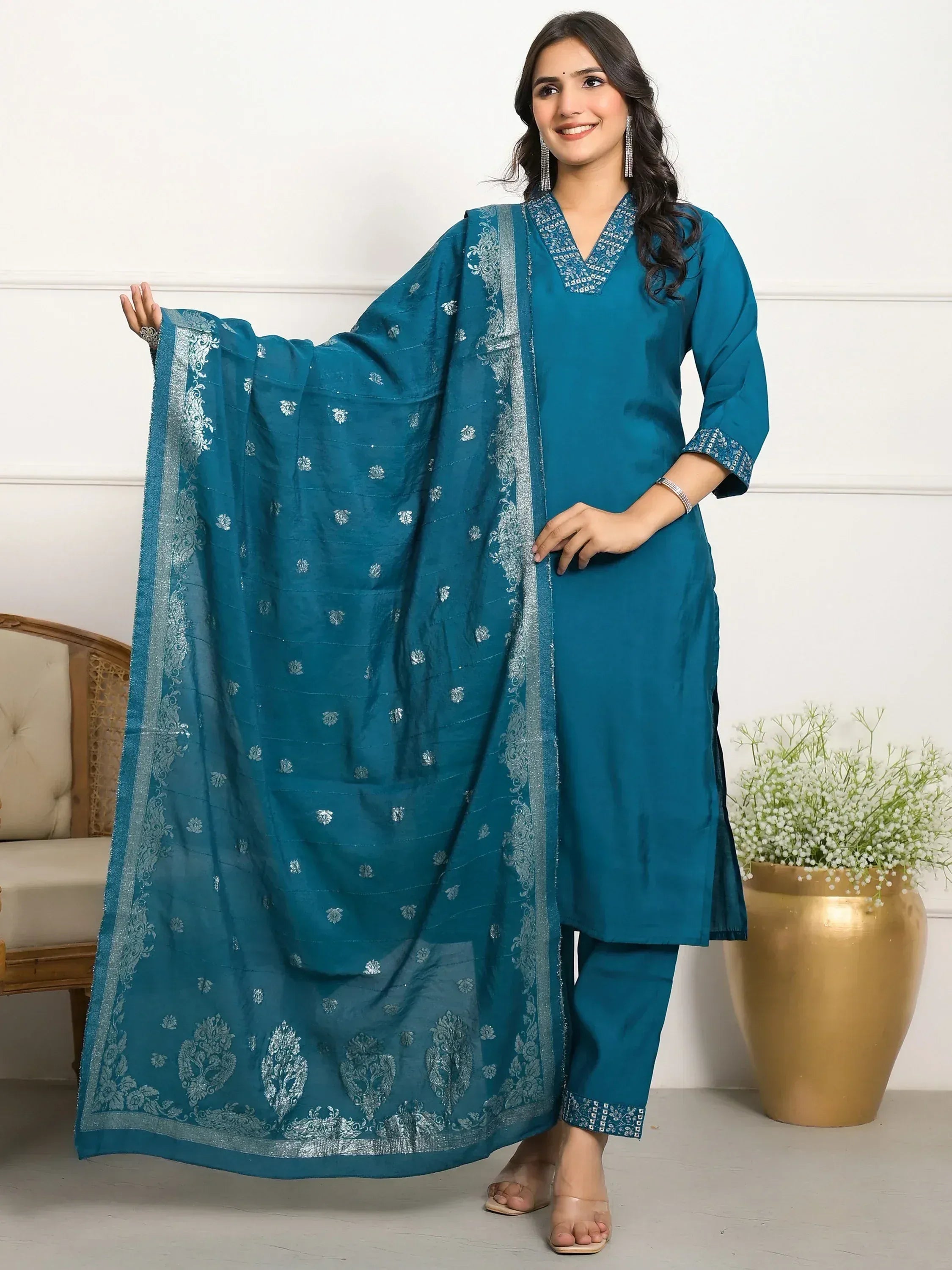 Teal Indian salwar kameez with silver embroidery and matching dupatta, stylish ethnic wear for women