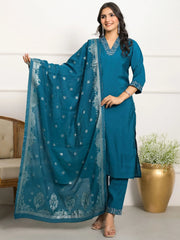 Awesome Teal Blue Embroidered Viscose Pant Suit With Dupatta