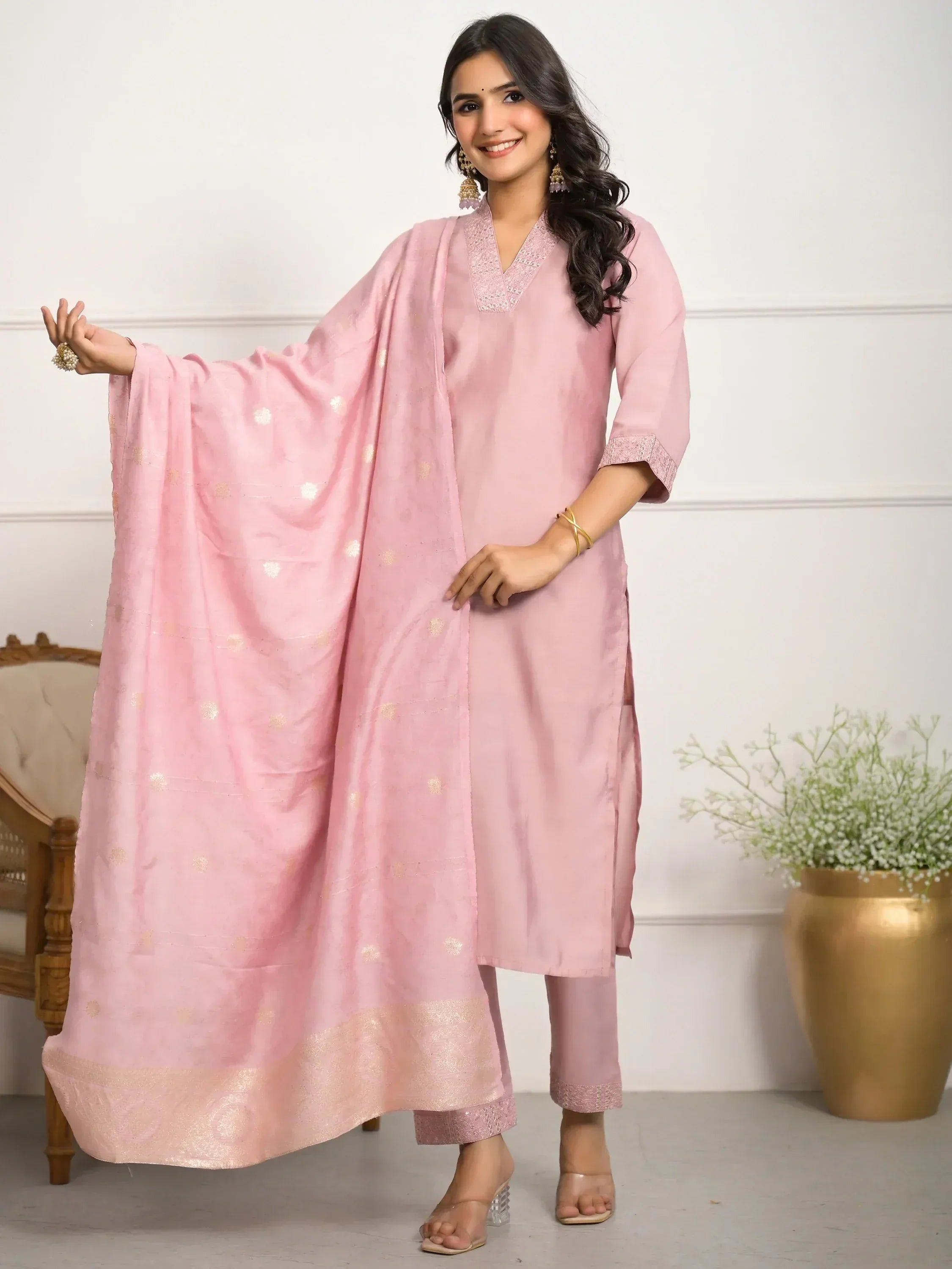 Pink ethnic salwar kameez with embroidered dupatta, perfect for Indian wear occasions