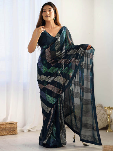 Fantastic Teal Blue Sequins Georgette Reception Wear Saree With Blouse