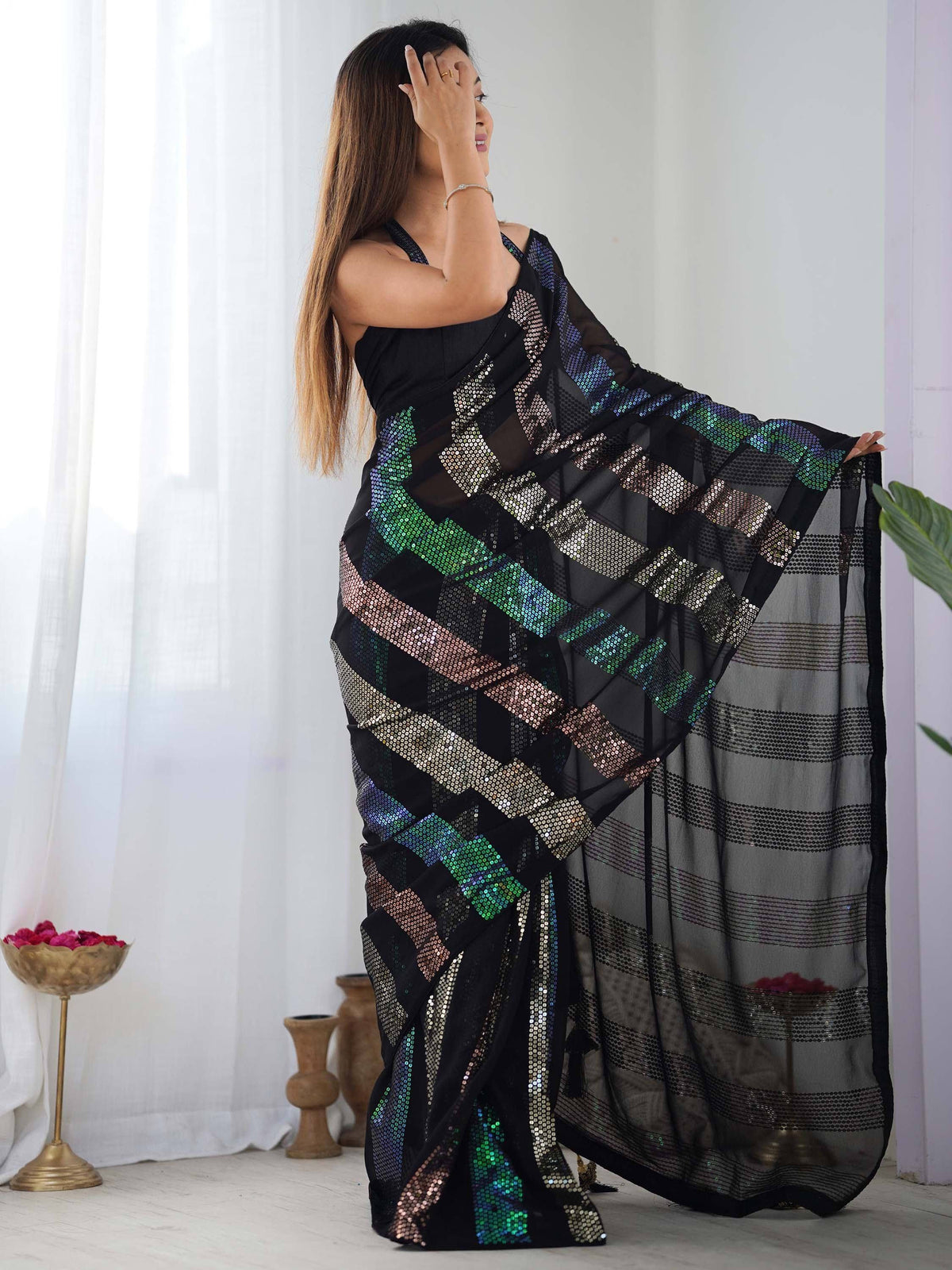 Black sheer saree with multicolor sequin stripes, stylish ethnic wear for women
